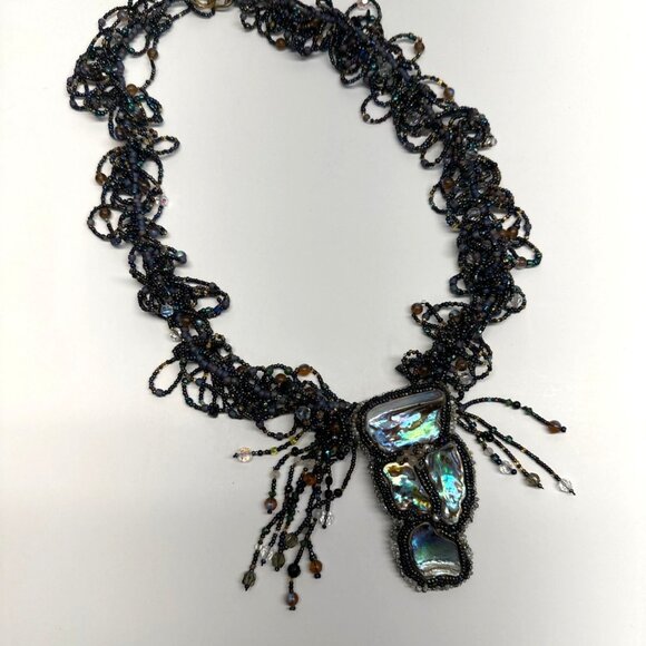 Vtg Handmade WRKing Signed 1995 Iridescent Shell Pendant Beaded L Necklace 24in - Picture 1 of 9